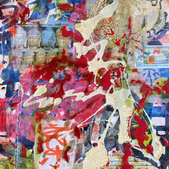 Indo Dreaming - Original Wall Art Handmade Mixed Media Collage Asian Calligraphy - Picture 1 of 9
